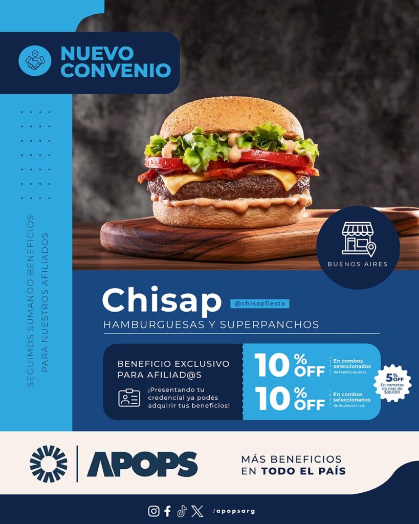 Nuevo convenio con Chisap. Descuentos en hamburguesas y superpanchos.